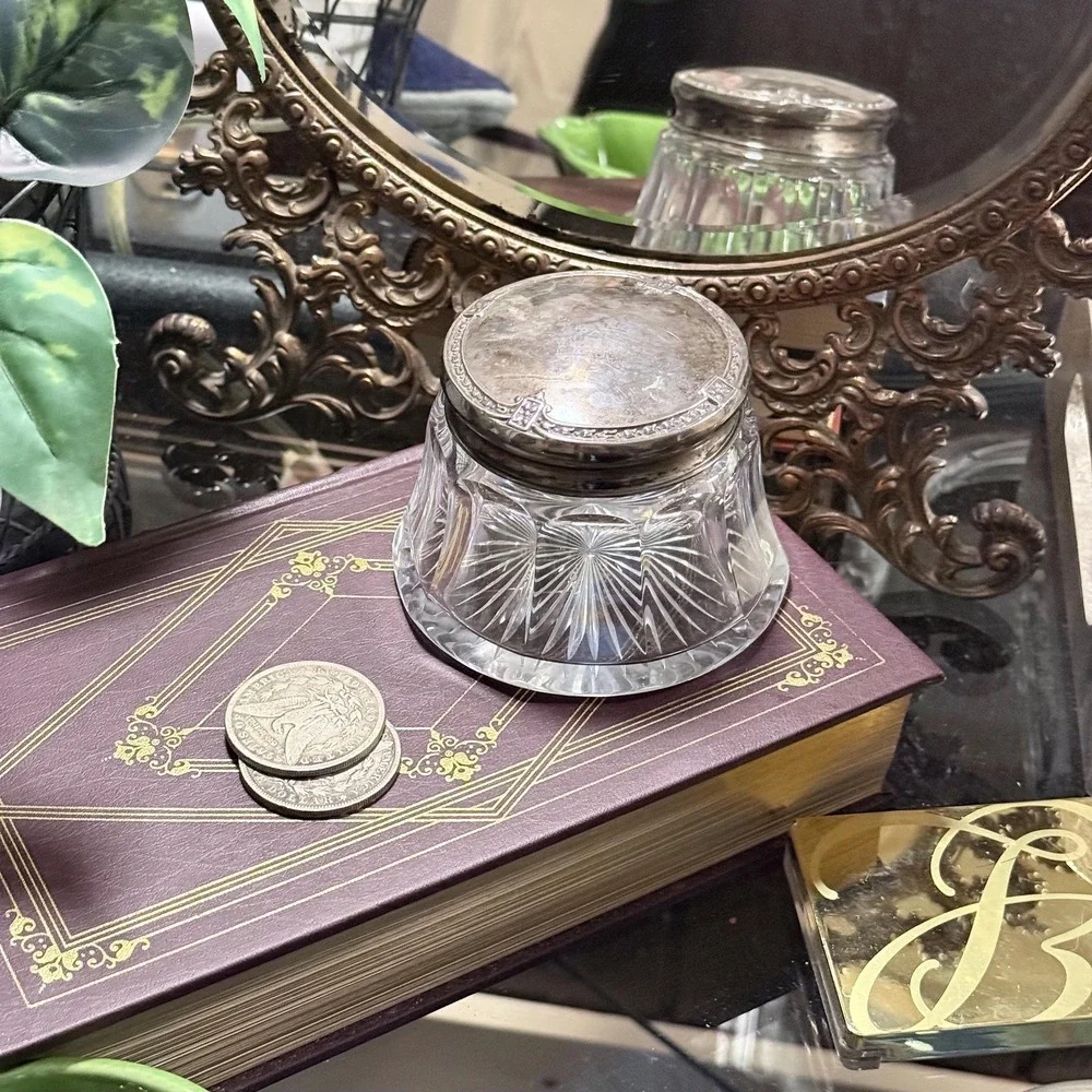 Antique Edwardian Cut Crystal Powder Jar | Sterling Silver Lid Vanity Decor